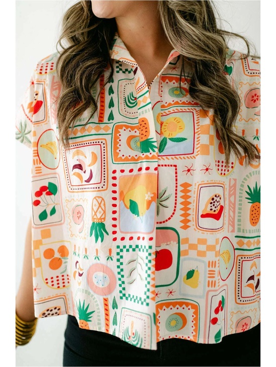 Karlie Tops - Karlie Fruit Basket Collared open neck Top Oversized Tropical Print SMALL